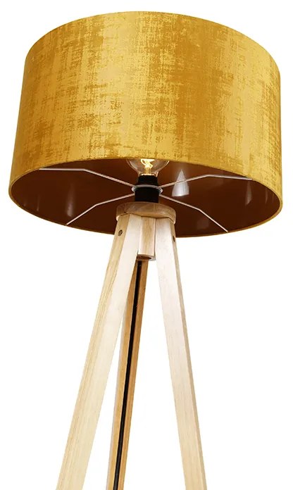 Lampa podłogowa drewniana z abażurem z tkaniny w kolorze złotym 50 cm - Tripod Classic Nowoczesny Oswietlenie wewnetrzne