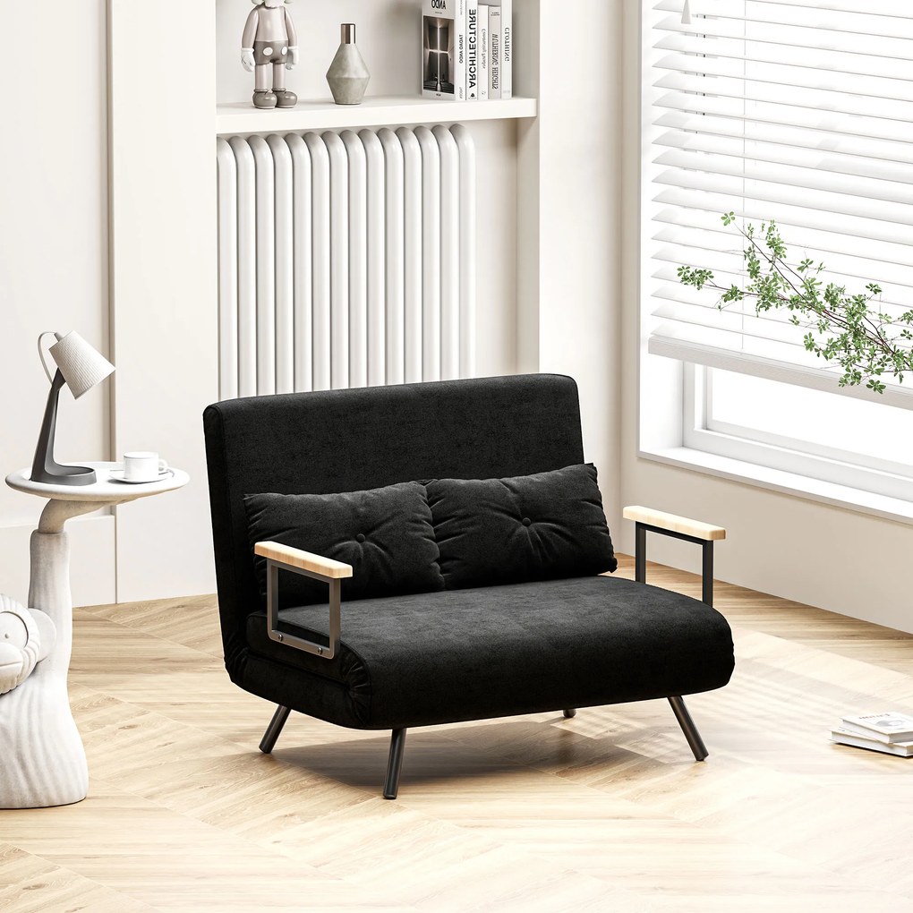 HOMCOM Dwuosobowa sofa rozkładana 4-w-1, sofa z 5-stopniowo regulowanym oparciem, 2 poduszki, 102 x 73 x 81 cm, czarna | Aosom PL