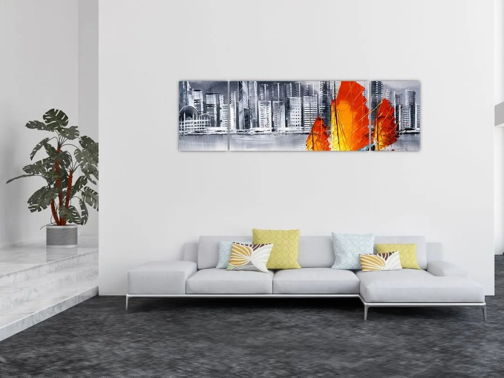 Obraz - Victoria Harbor, Hongkong, czarno-biały obraz olejny (170x50 cm)