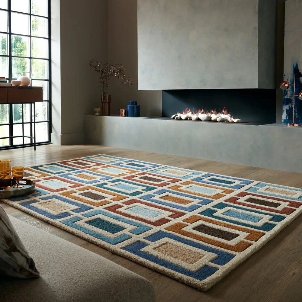 Niebiesko-pomarańczowy wełniany dywan tkany ręcznie 200x290 cm Retro Blocks – Flair Rugs
