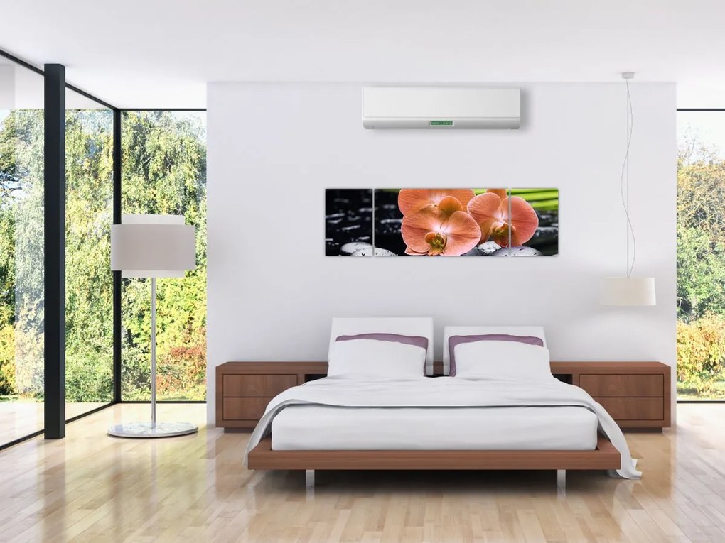 Obraz - Pomarańczowa orchidea z liśćmi palmy (170x50 cm)