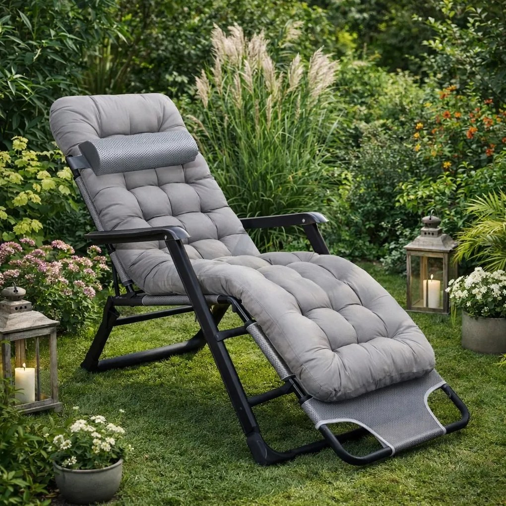 Leżak ogrodowy rozkładany Tossa, poduszka szara, stelaż czarny