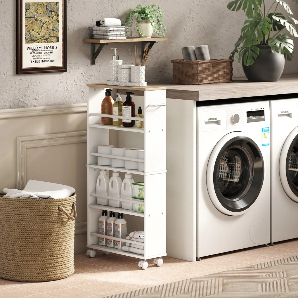 HOMCOM Wąska półka na kółkach 4 przegrody wielofunkcyjna do kuchni lub łazienki 45x15x91 cm | Aosom PL