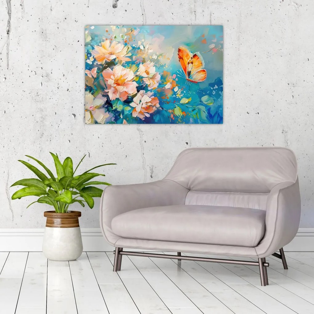 Obraz - Motyl i kwiaty, obraz olejny II. (70x50 cm)