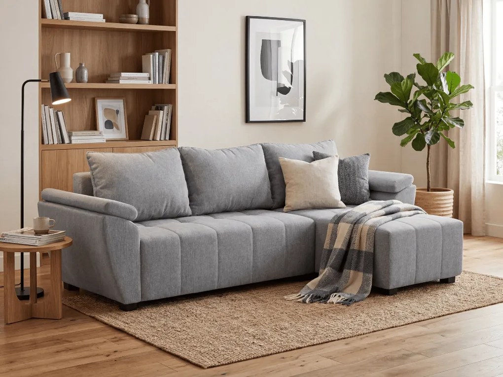 Rozkładana narożna sofa LIVARO 305x140 cm, jasnoszara, uniwersalna