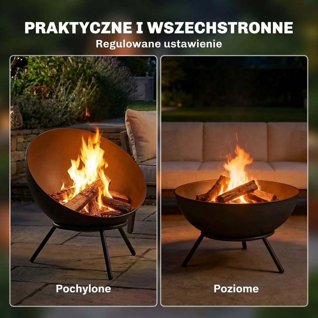 Outsunny Palenisko 60 x 53 x 66cm z regulowaną misą ogniową, pogrzebaczem, siatką węglową i stojakiem, czarne | Aosom PL