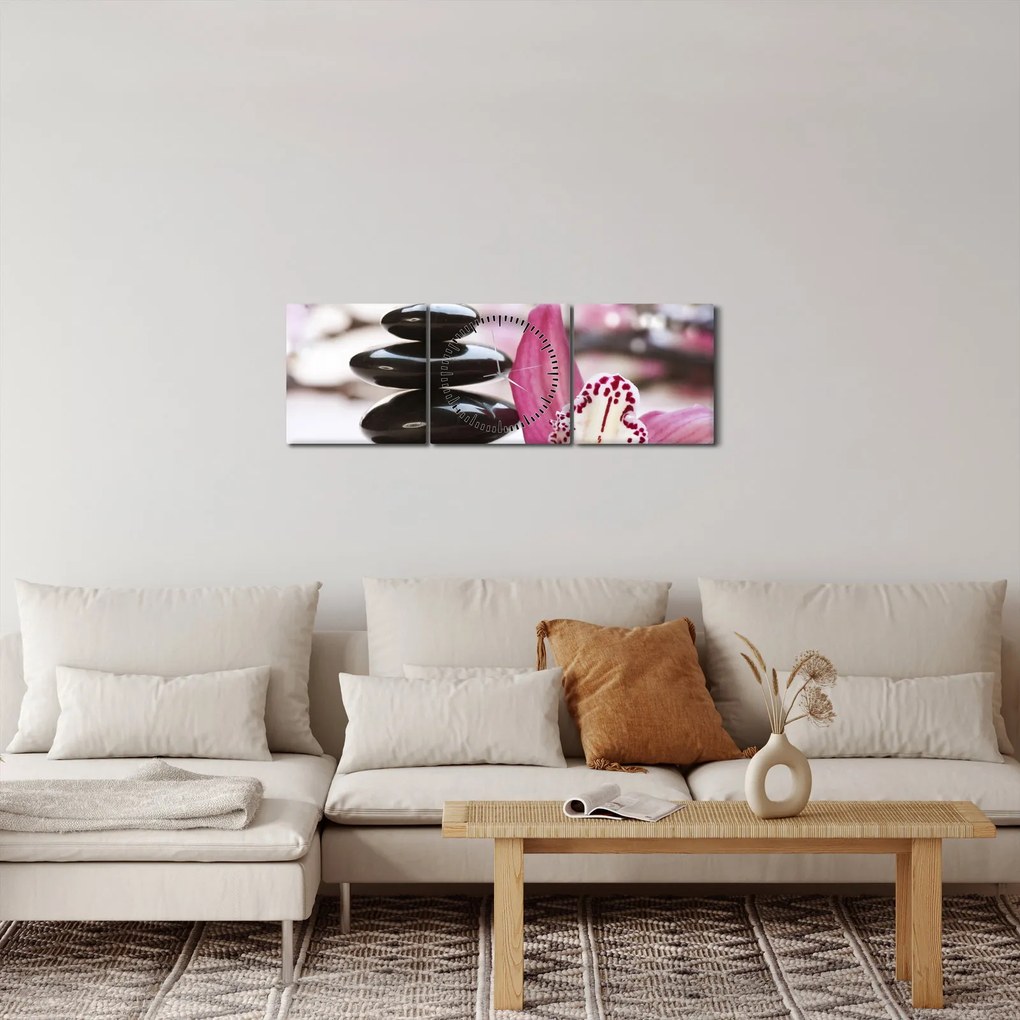 Obraz kamieni do masażu i storczyków (z zegarem) (90x30 cm)