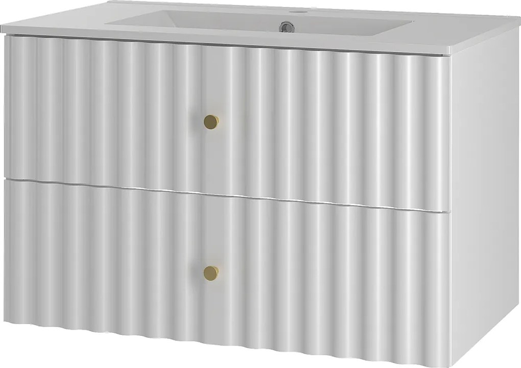 Biały Zestaw Łazienkowy 80cm Szafka z Umywalką Ryflowane Fronty Aqua