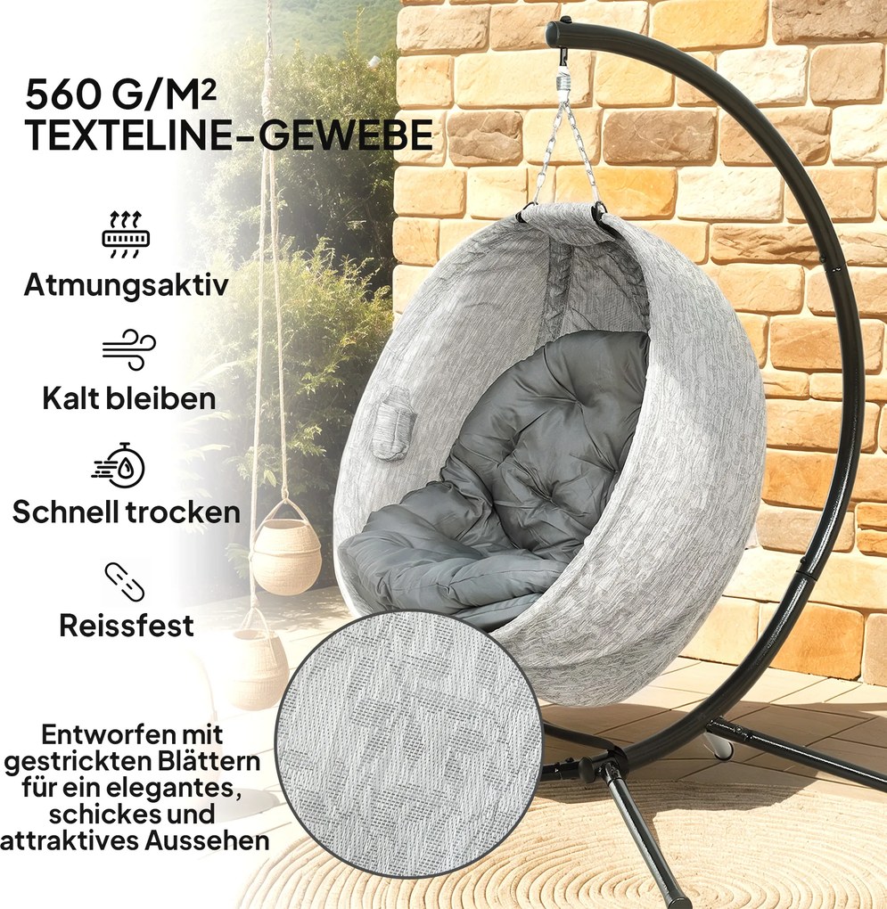 Outsunny Jajowaty kosz huśtawkowy, huśtawka z funkcją huśtania i składanym koszem, krzesło ogrodowe, uchwyt na kubek, Szare