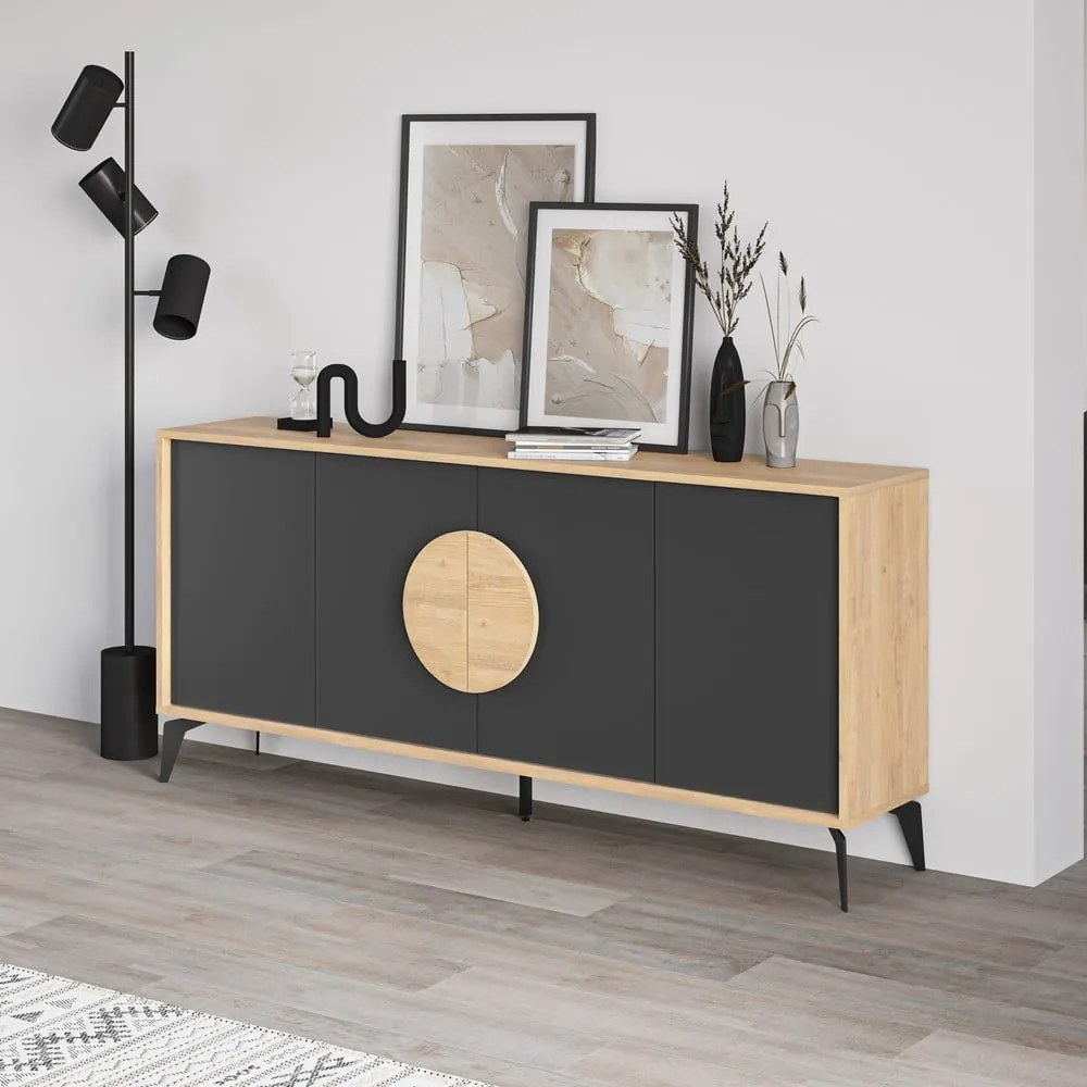 Czarna niska komoda w dekorze dębu 180x82 cm Vae – Marckeric