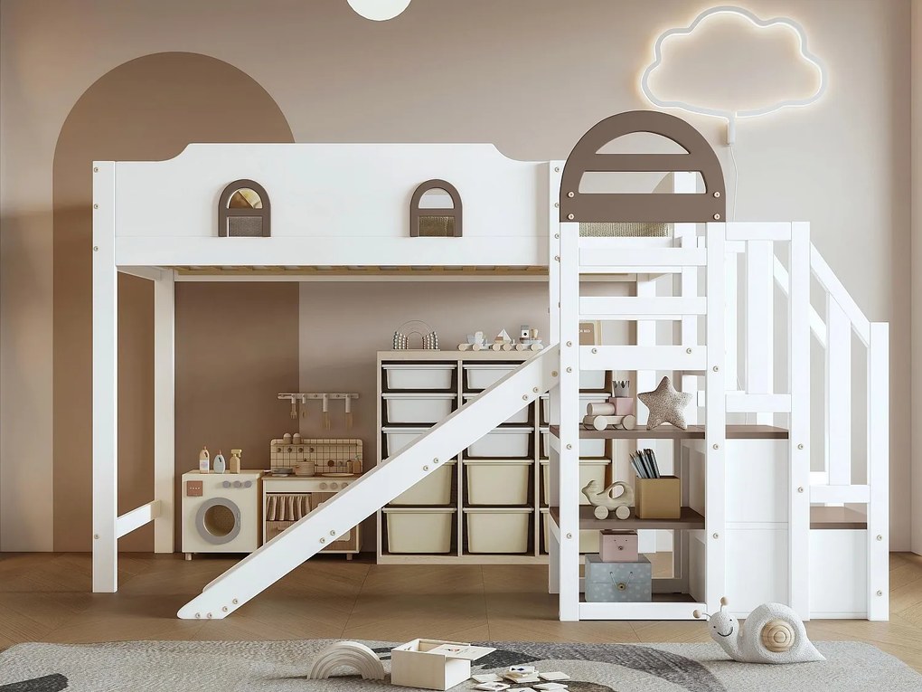 Łóżko mezzanine 90x200cm - z oknem - ze zjeżdżalnią - schody z poręczą - drewno lite + MDF - biały + brązowy