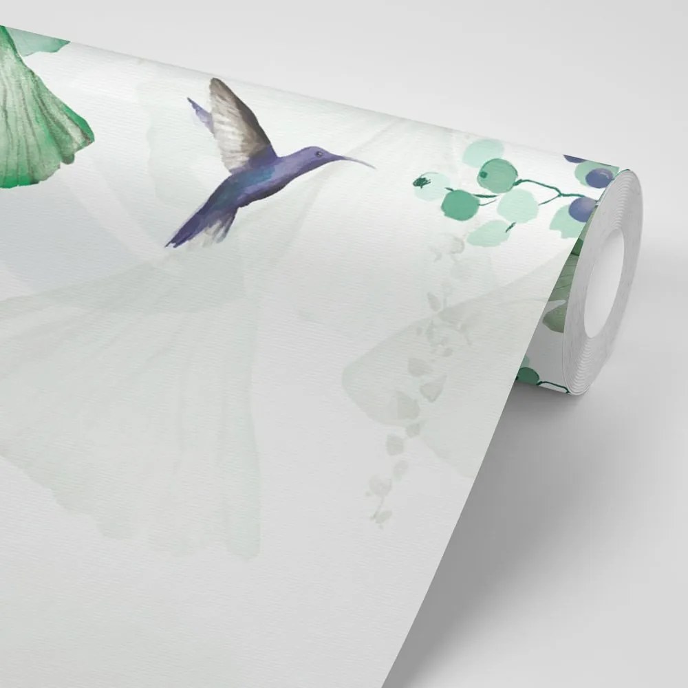 Tapeta zielone liście z kolibrami