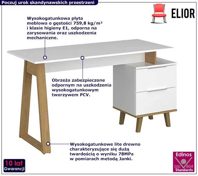 Białe skandynawskie biurko z szufladami 140x60 - Olenako 14X