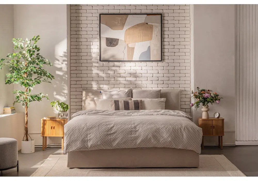 Beżowe tapicerowane łóżko dwuosobowe z miejscem do przechowywania z materacem/kratką 160x200 cm Thessa Pillow - Bonami Selection