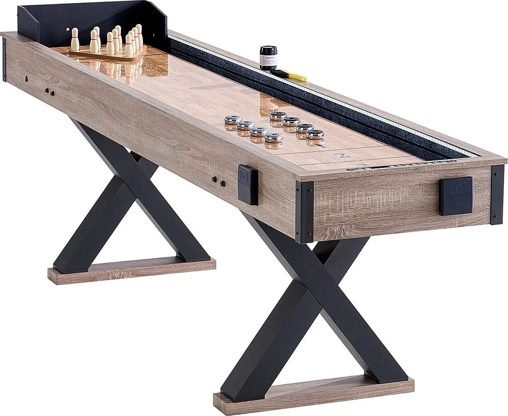 Stół do Shuffleboard SucceBuy 274CM, Domowy Pokój Gier, Kombo Gra w Krążki i Kręgle 2 w 1, Nogi Stołu, 8 Podkładek, Zestaw do Kręgli