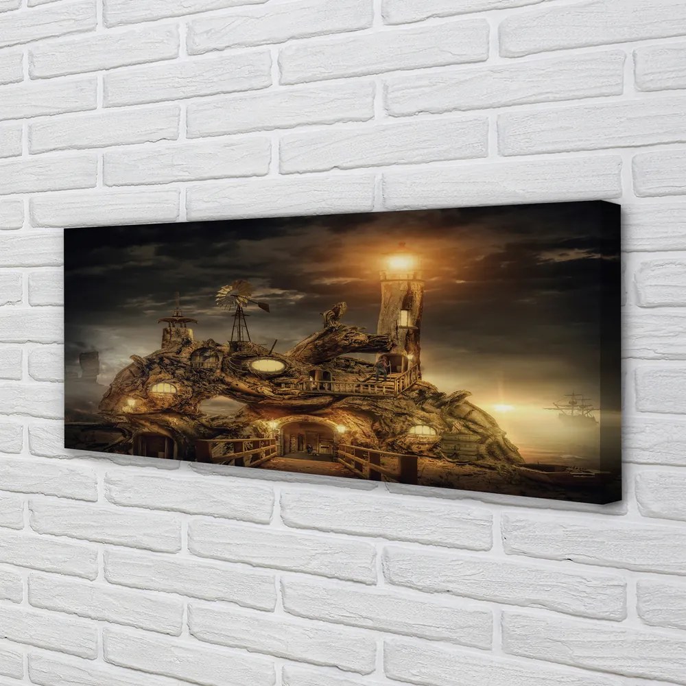 Obraz na płótnie Latarnia Morska i Statek w Chmurach