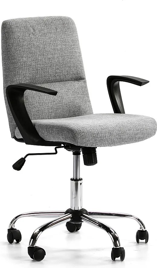 Fotel biurowy z podnoszonym i regulowanym oparciem Teo z poduszkowaniem w jasnoszarym materiałem.