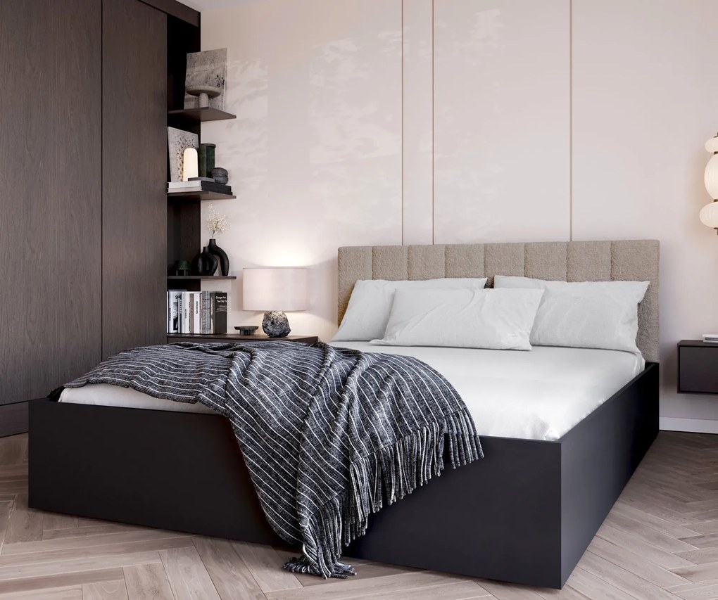 Czarne łóżko podwójne z zagłówkiem boucle 160x200 W2-B04