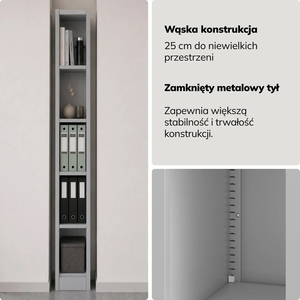 Regał metalowy wąski, archiwizacyjny na dokumenty szary, 250x1950x600 mm: TIM