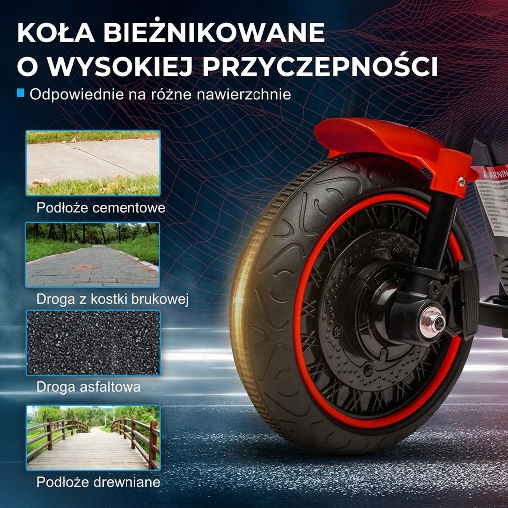 HOMCOM Elektryczny motocykl dla dzieci z reflektorem, demontowalne koła boczne, 76x42x57 cm, Czerwony/Czarny