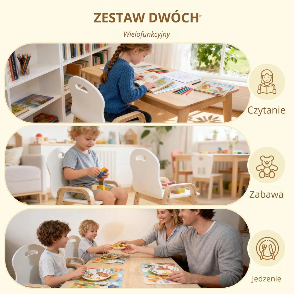 AIYAPLAY zestaw drewnianych krzeseł dla dzieci, antypoślizgowe nakładki na nóżki, 3–15 lat, regulacja wysokości, Biały