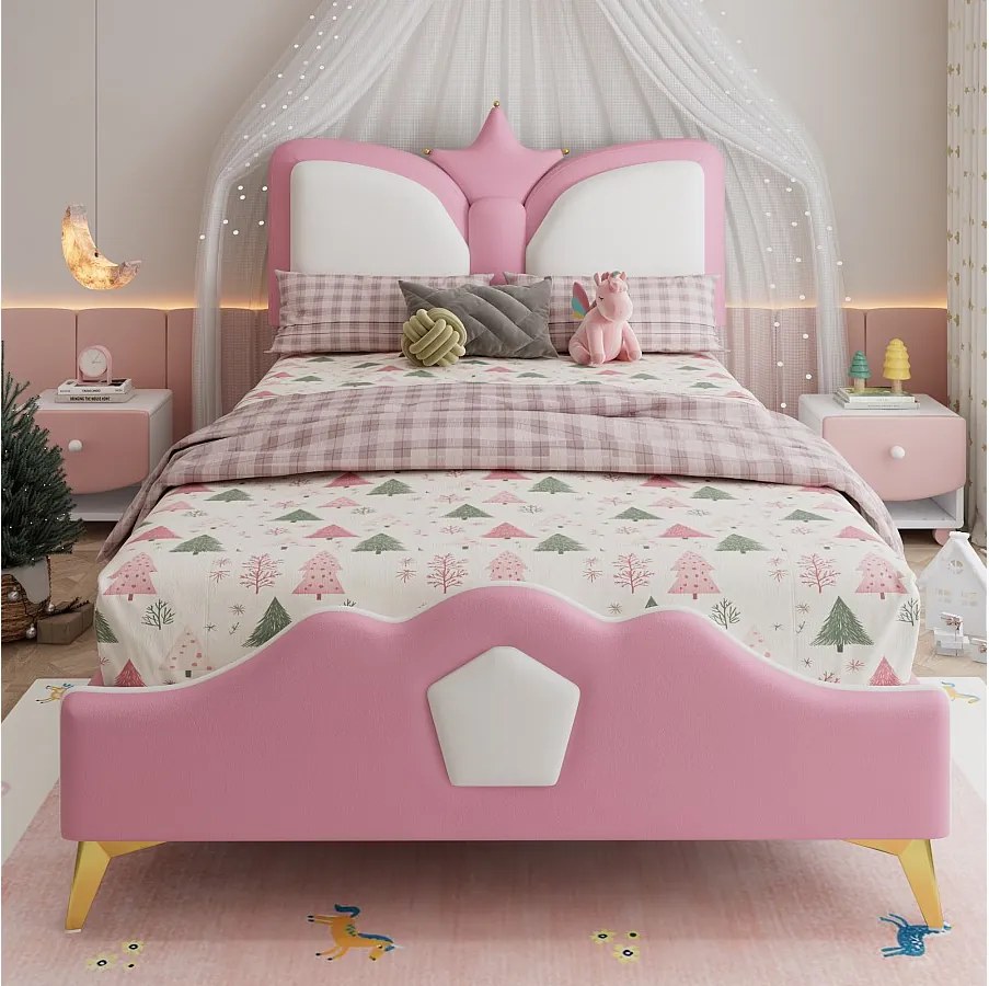 Łóżko tapicerowane dla dzieci 1-osobowe - 90 x 200 cm - zagłówek w kształcie korony - PU + żelazo + pianka - róż + biel