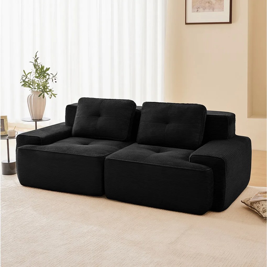 Modułowa Sofa 2-osobowa w Welurze żebrowanym z 2 poduszkami, bez montażu, 204x104x69cm, Czarny