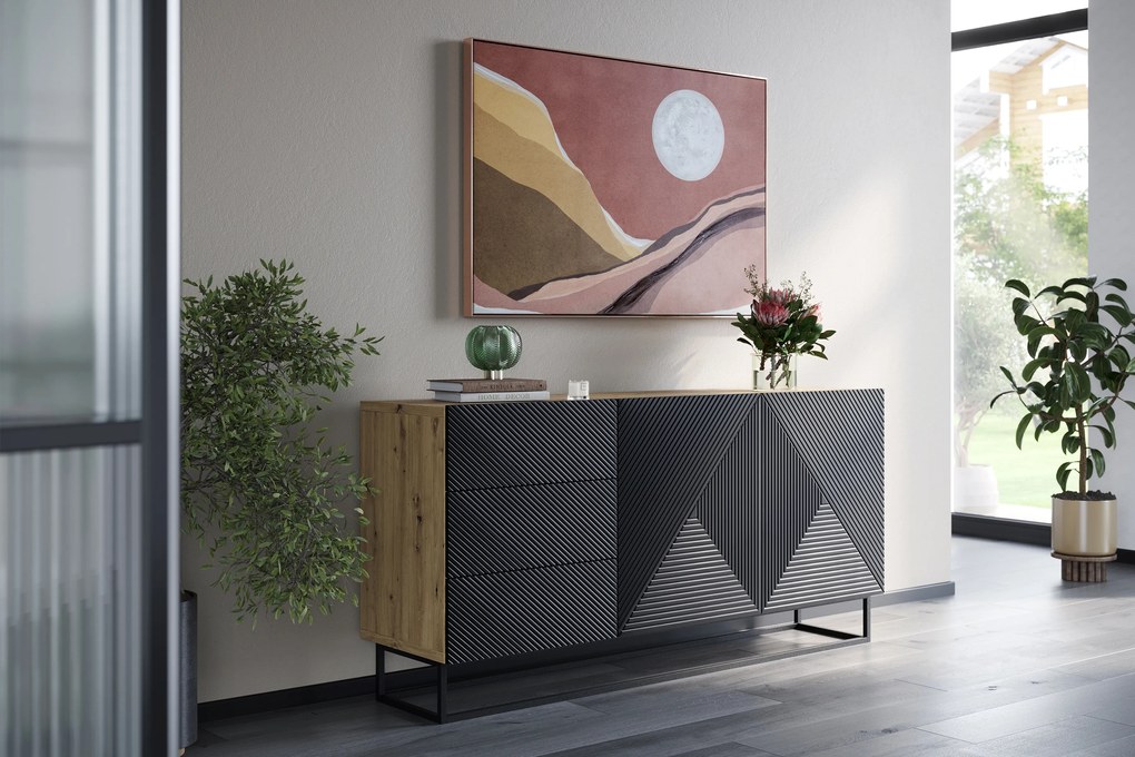 Komoda Asha 167 cm dwudrzwiowa z szufladami - artisan / czarny mat / czarny stelaż