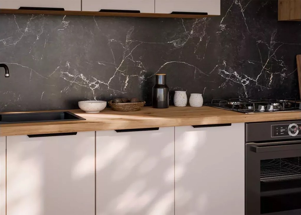 Loseo IV – kuchnia modułowa 260 cm w kolorze kaszmir / dąb artisan z czarnymi uchwytami