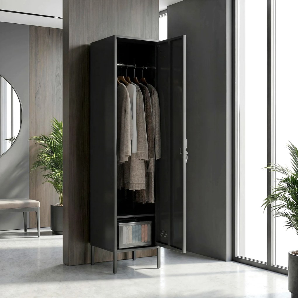 HOMCOM Metalowa szafka z zamykaną drzwiami i drążkiem na ubrania, pojedyncza stalowa szafka do domu lub biura, czarna | Aosom PL