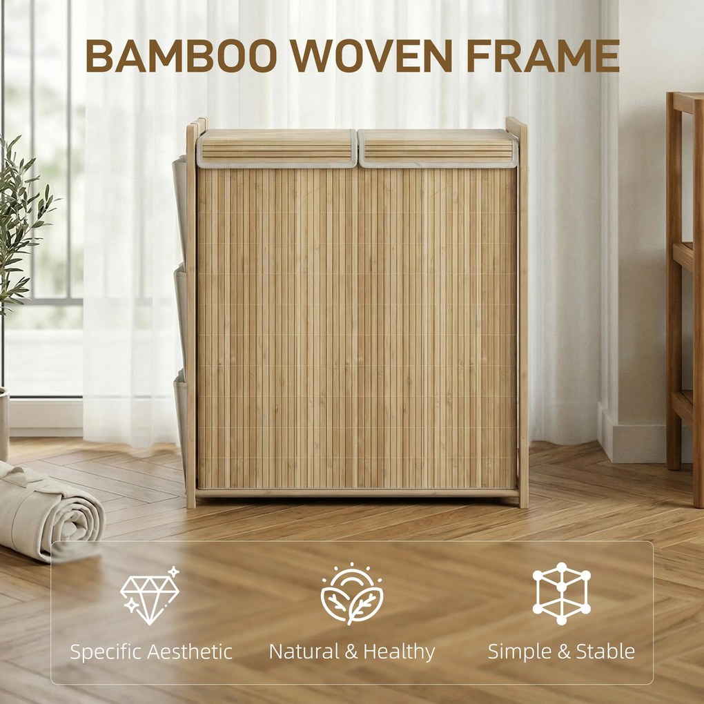 HOMCOM Bambusowy kosz na bieliznę z wyjmowanym workiem ze sznurkiem i bocznymi kieszeniami, 120L, naturalny | Aosom PL