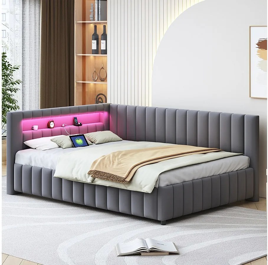 Sofa tapicerowana z funkcją spania - 140 x 200 cm - z diodami LED + USB + oparcie + zagłówek - tkanina aksamitna - ciemnoszara