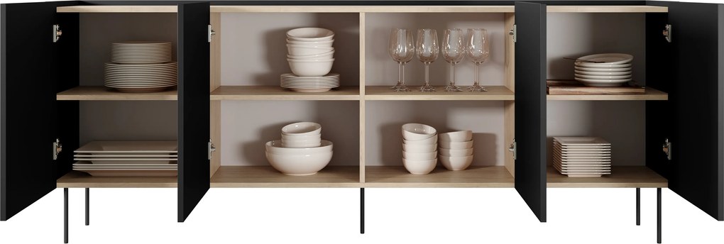 Komoda Desin 220 cm czterodrzwiowa - czarny mat / dąb nagano