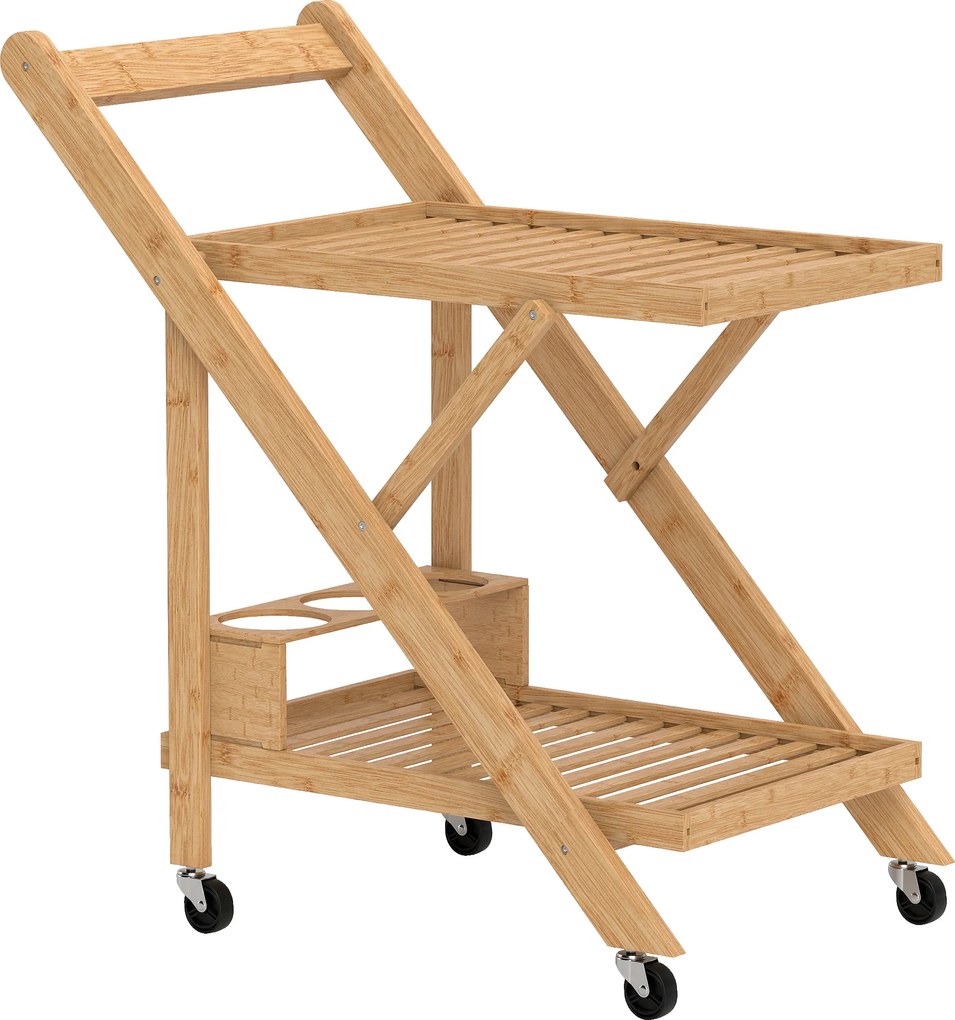 HOMCOM Wózek kuchenny na kółkach, z 3 półkami na wino, 2 tacami, do kuchni, jadalni, drewno bambusowe, jasnobrązowy