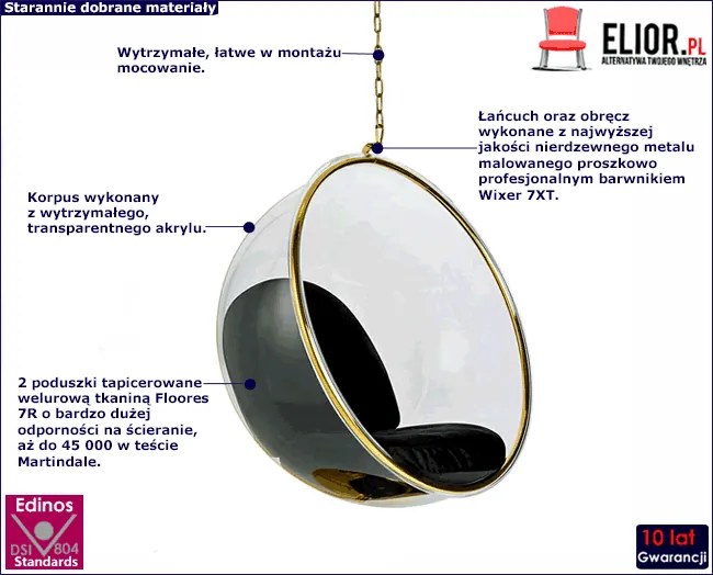 Czarny fotel wiszący z poduszką - Lilit 2X