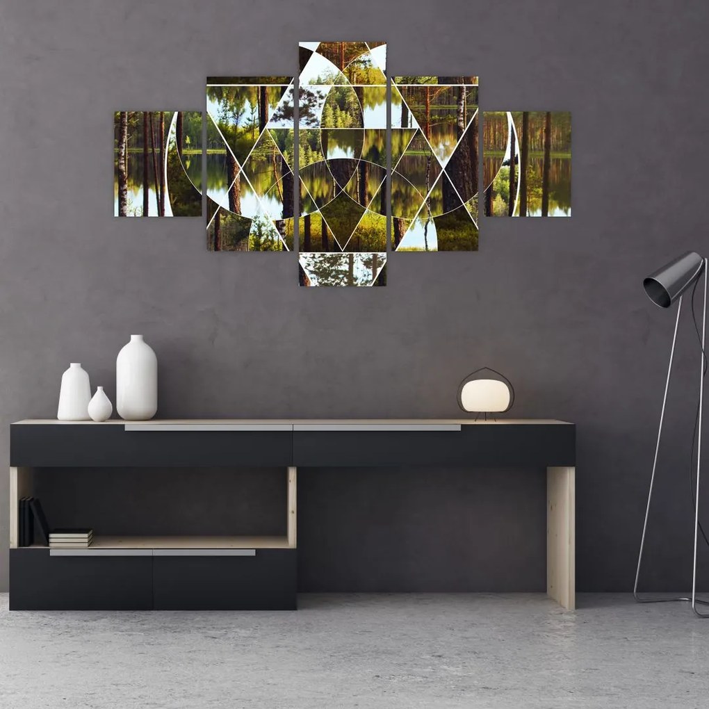 Obraz - Geometryczny kolaż na tle nordyckich lasów (125x70 cm)