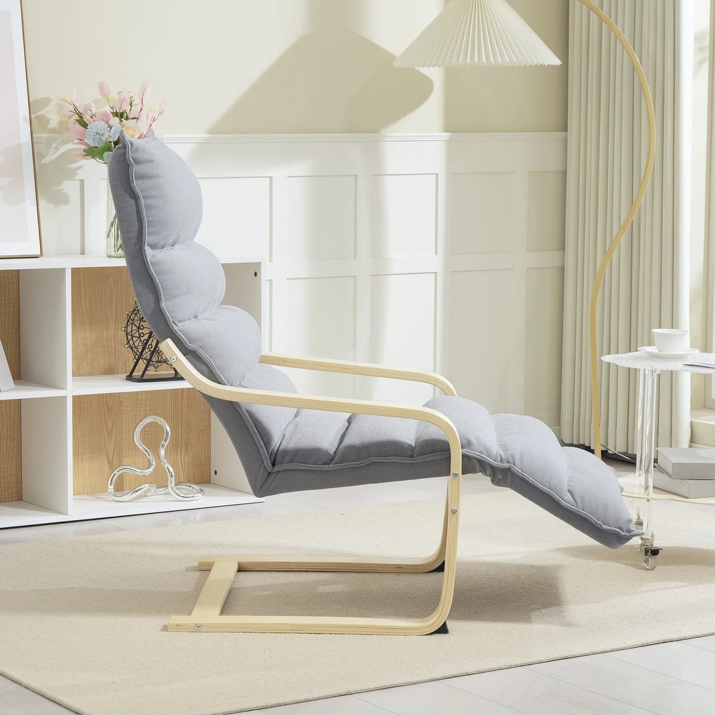 HOMCOM Fotel z laminowanej brzozy, tapicerowany fotel z regulowaną podnóżką, nowoczesny fotel z podłokietnikami, Jasnoszary