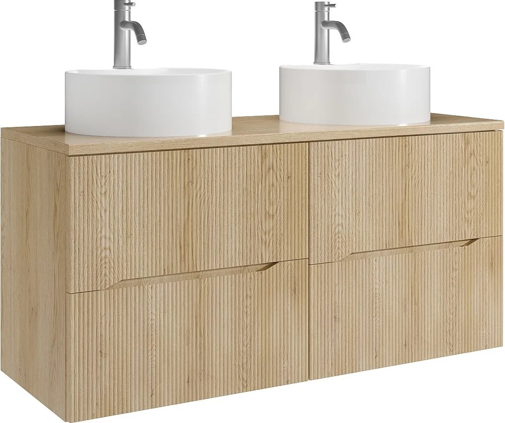 Szafka łazienkowa wisząca prążkowana z okrągłą umywalką nablatową i baterią – Jasny naturalny – 120 cm – ORISO