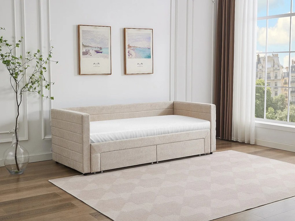 Łóżko wysuwane 2 x 80 x 200 cm - Z rozsuwanym stelażem i szufladami - Teksturowana tapicerka - Beżowy - CAMITY
