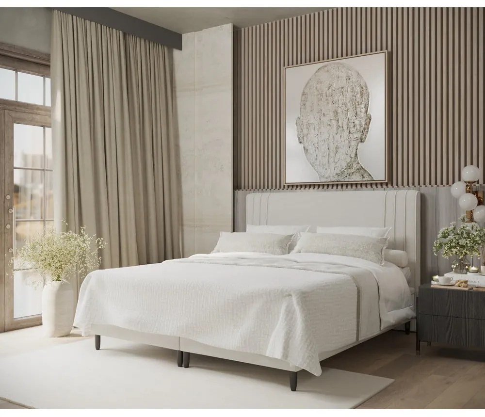 Beżowe tapicerowane łóżko dwuosobowe ze schowkiem 200x200 cm Musca – Maison de Rêve