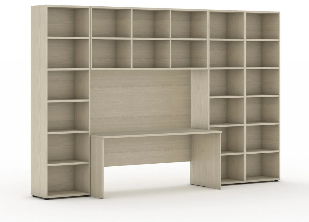 Biblioteka INTEGRO z wbudowanym biurkiem, wyższy/szerszy, 3550x700/400x2300 mm, dąb naturalny