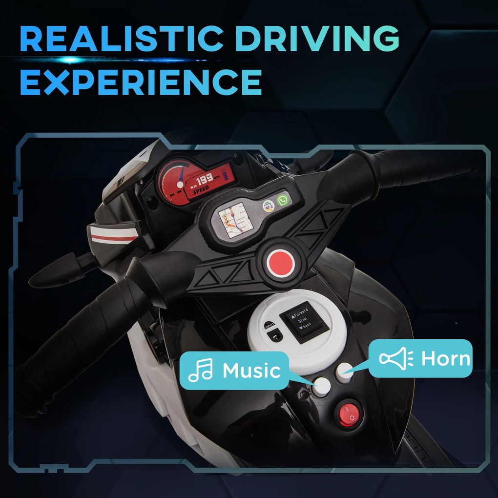 HOMCOM Elektryczny motocykl dla dzieci, światła i dźwięki, 3 km/h, ładowalny, tworzywo sztuczne i metal, Czarny/Biały