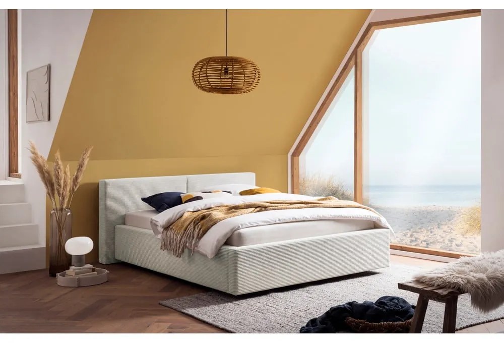 Beżowe tapicerowane łóżko dwuosobowe ze schowkiem ze stelażem 140x200 cm Cube – Meise Möbel