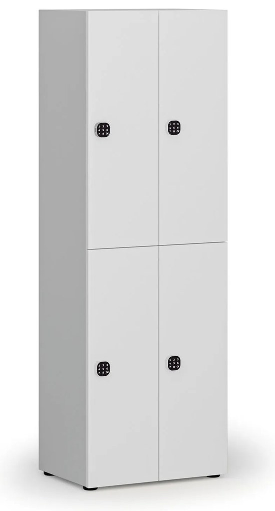 Drewniana szafka skrytkowa S4, 4 schowki, demontaż, zamek kodowy, szary/biały