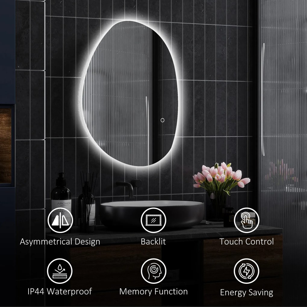 HOMCOM Asymetryczne lustro łazienkowe 70 x 50 cm z oświetleniem LED, dotykowym przełącznikiem, funkcją przeciw zaparowani i srebrnym wykończeniem