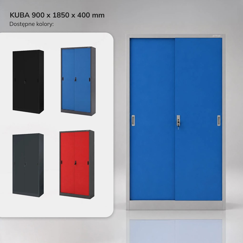 Biurowa szafa metalowa z drzwiami przesuwnymi szaro-niebieska, 900x1850x400 mm: KUBA