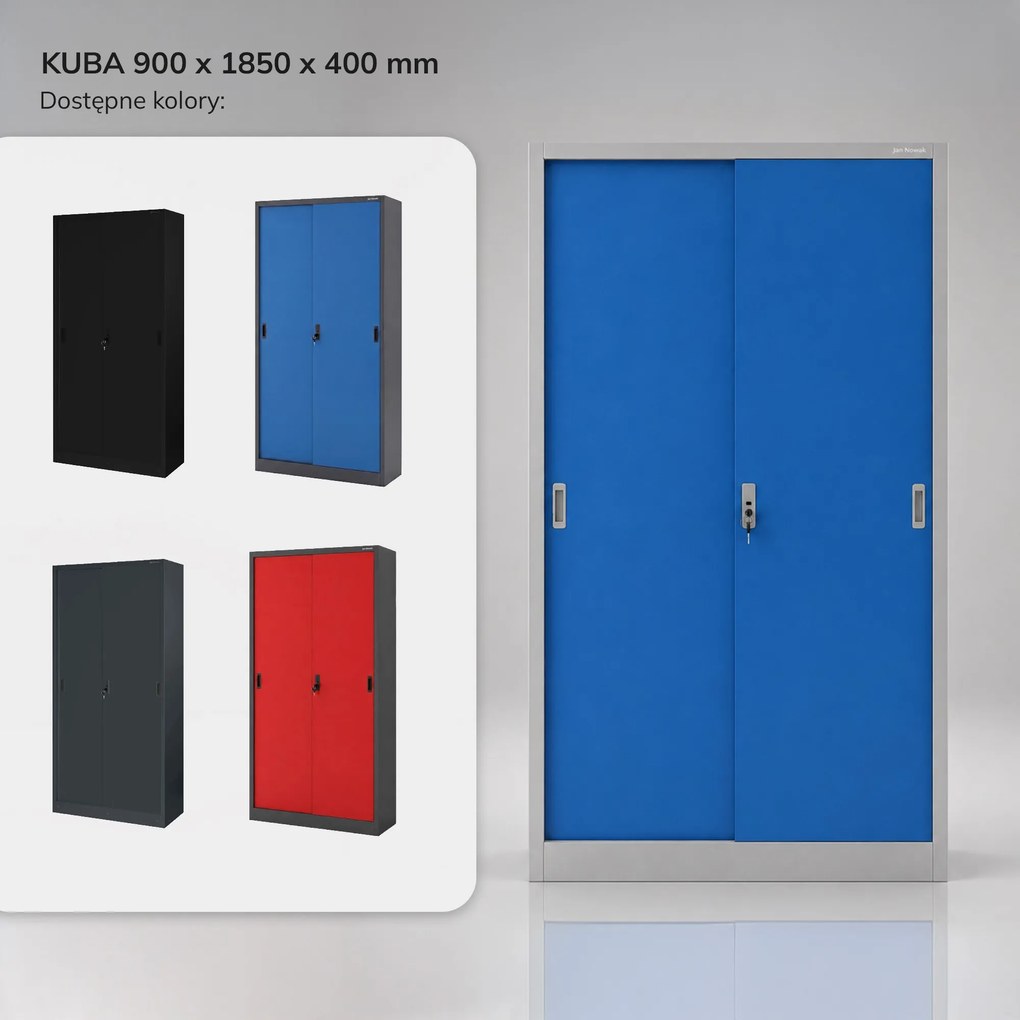 Biurowa szafa metalowa z drzwiami przesuwnymi szaro-niebieska: KUBA 900 x 1850 x 400 mm