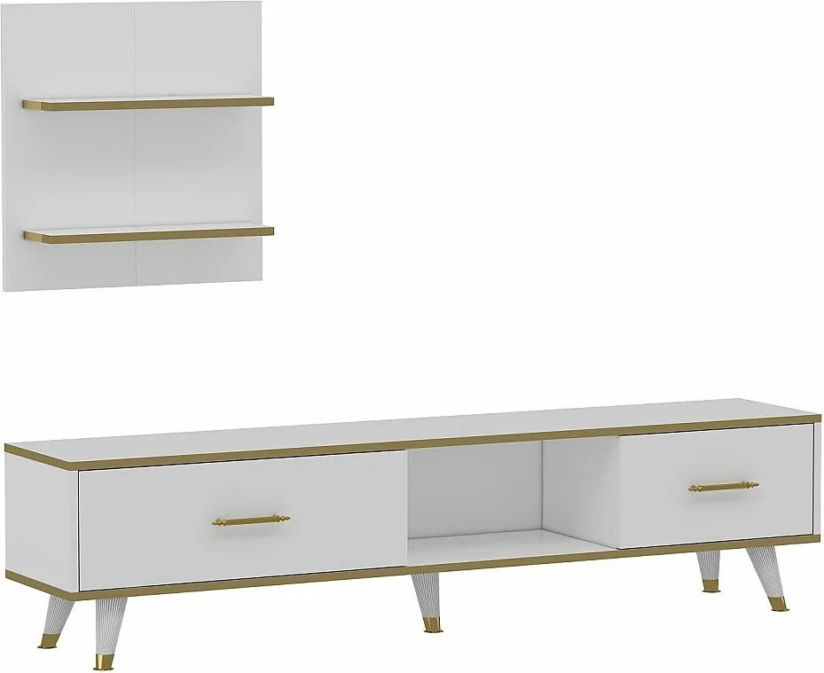 Stojak pod TV – 180x43,6x35 cm – Biały i złoty – Płyta wiórowa pokryta melaminą