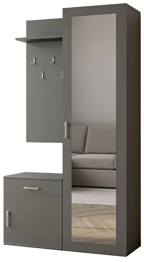 Garderoba POLA do przedpokoju z lustrem i szafką na buty - szary mat