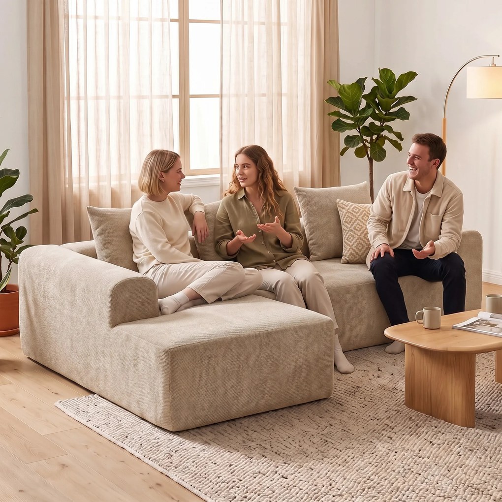 HOMCOM Narożnik z szezlongiem, bezramowa sofa w kształcie L z chenille, głębokie siedzisko, sprężyny kieszeniowe, beżowy | Aosom PL